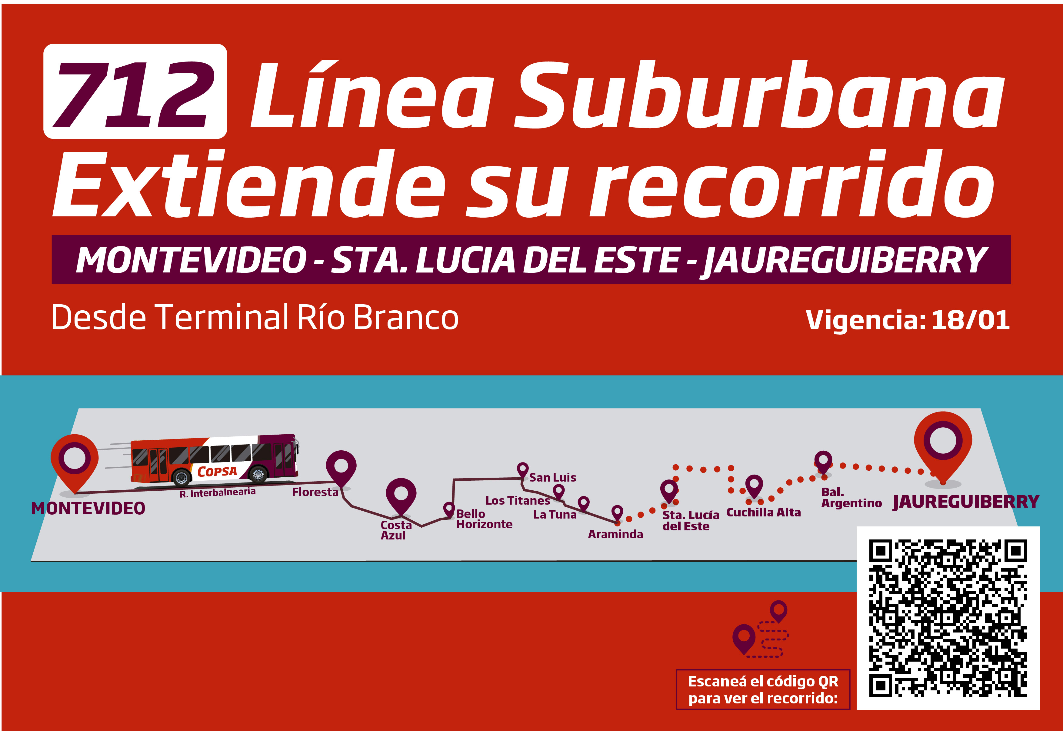 Extensión 712 suburbana a partir del 18/1: Mvd. / Sta. Lucía del Este / Jaureguiberry<br>
A partir del día lunes 18/01, entre en vigencia la siguiente extensión de recorrido