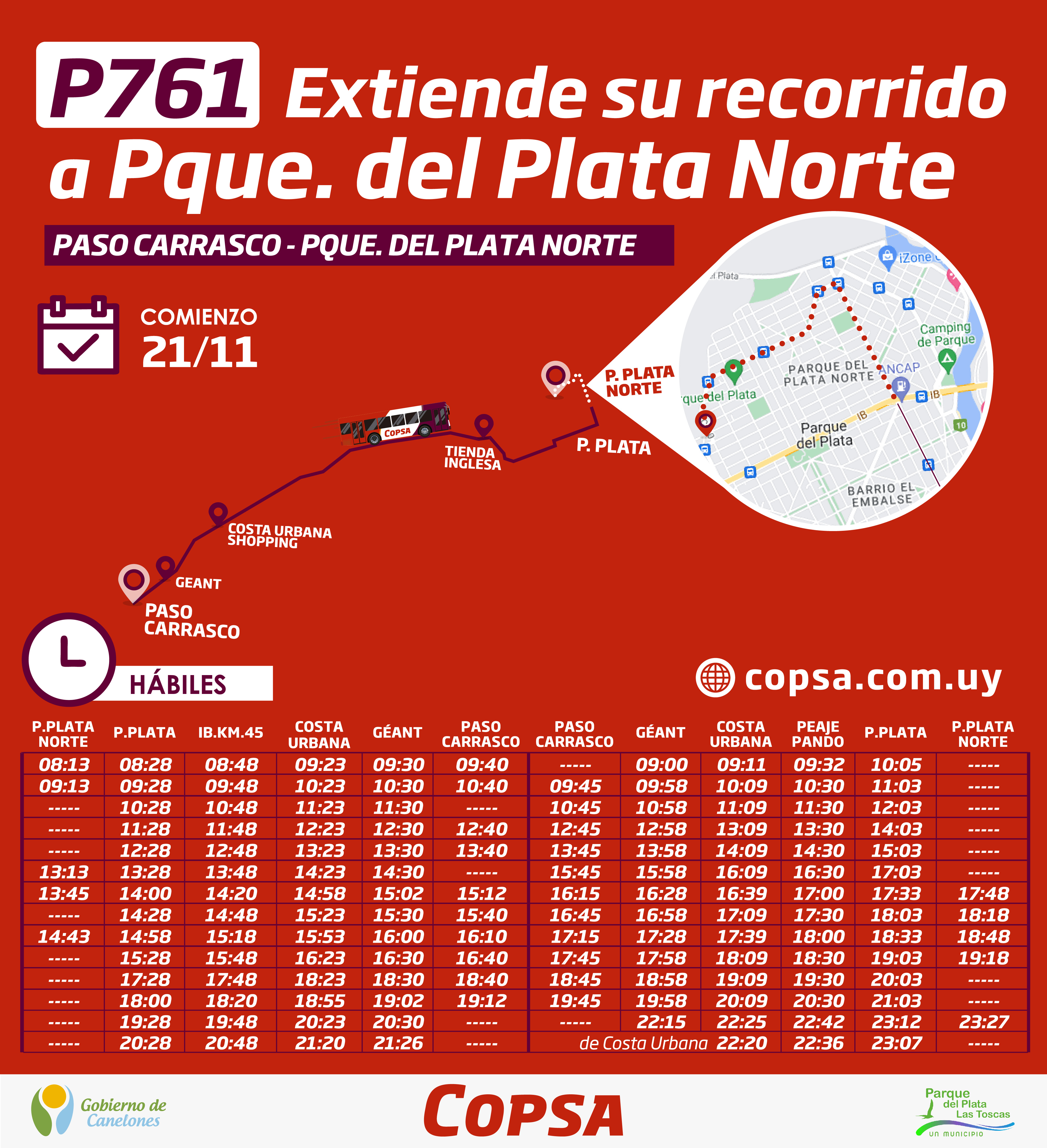 A partir del día lunes 21/11 la línea P761 extenderá su recorrido hasta Parque del Plata Norte.